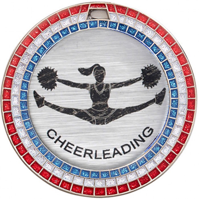CHEERLEADING RED,WHITE & BLUE GEM MEDAL - 70MM - SILVER